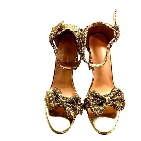 Women's 9 Gold Glitter 4 Inch High Block Heels Shoes Bows Party - Picture 1 of 8